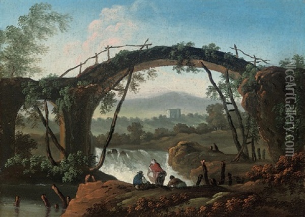 An Italianate River Landscape With Figures Under A Bridge, By A Waterfall Oil Painting - Jean Baptiste Pillement