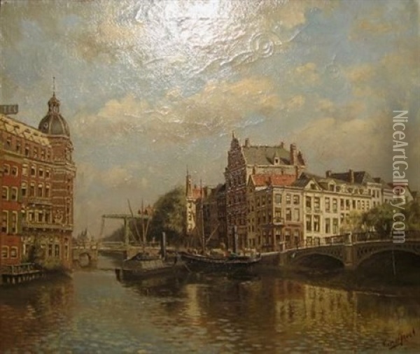 Barge In The Canal Oil Painting - Tinus de Jongh
