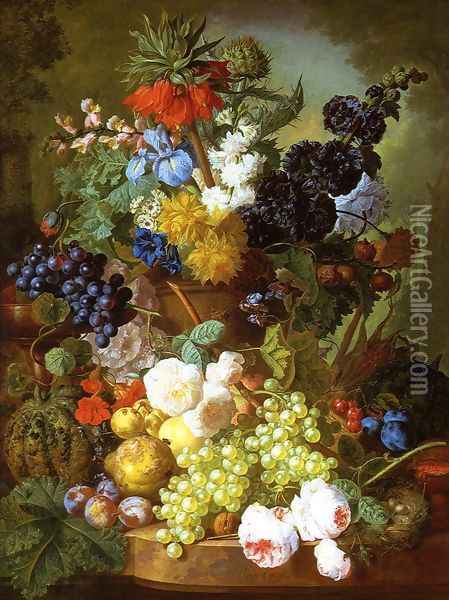 Still Life of Flowers, Fruit and Bird's Nest on a Marble Ledge Oil Painting - Georgius van Os