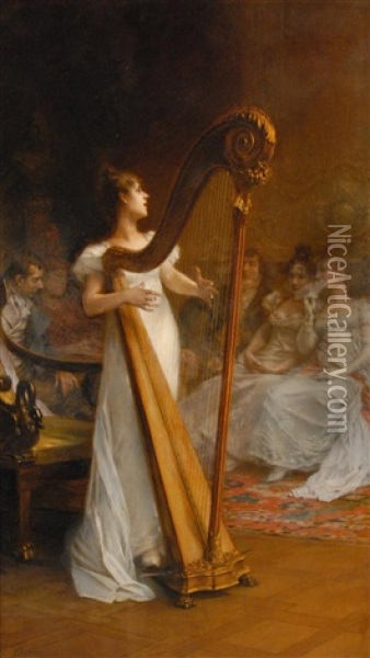 Young Woman Playing Harp Oil Painting - Frederik Hendrik Kaemmerer