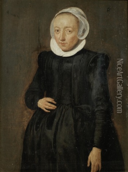 Portrait Of A Lady, In A Black Dress And A White Lace Cap Oil Painting - Hendrick Gerritsz. Pot