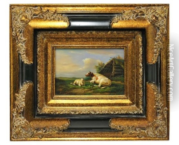 Untitled (pastoral Scene With Sheep And Cow) Oil Painting - Anna Coleman Watts Ladd