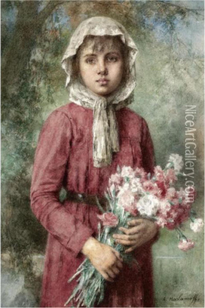 Young Girl With Flowers Oil Painting - Alexei Alexeivich Harlamoff