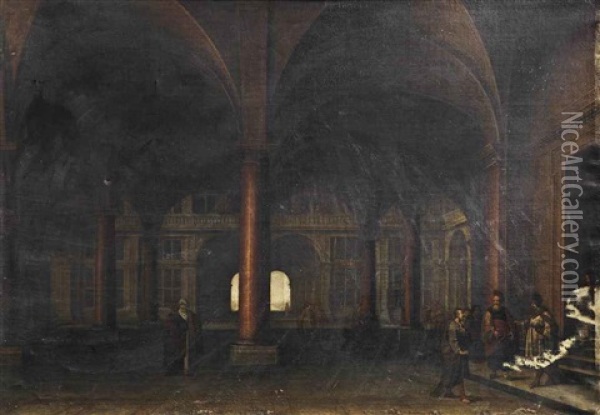The Interior Of A Palace Hall With Figures Conversing Oil Painting - Bartholomeus Van Bassen