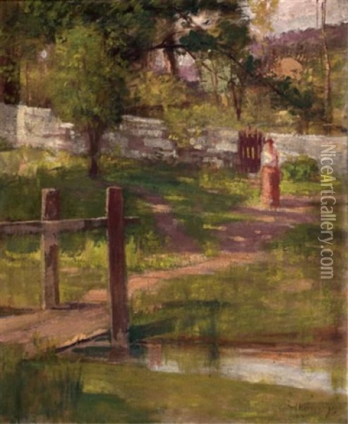 Woman Walking Along A Sunlit Path Oil Painting - Paul Harney Jr.