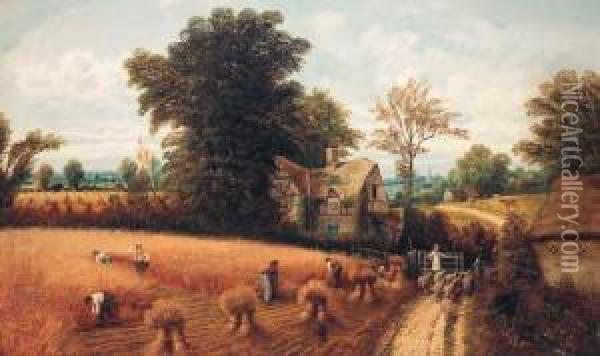 Countryfolk Harvesting, Near Reading Oil Painting - Charles Henry Passey