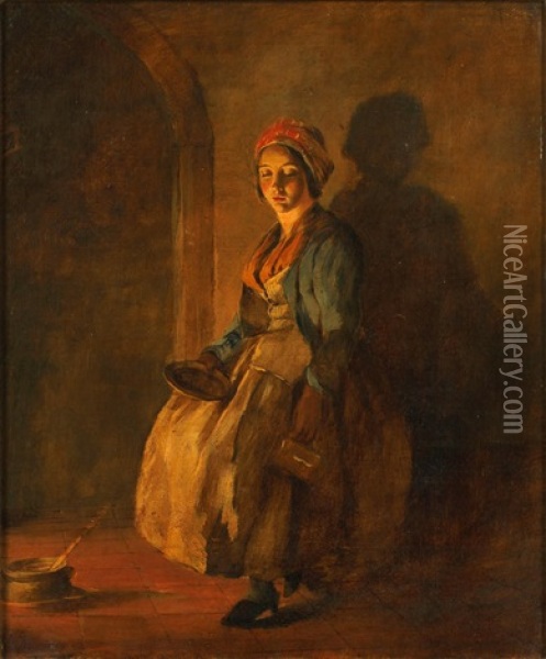 A Serving Girl, By Firelight Oil Painting - William Mulready