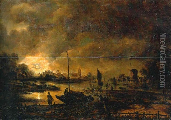 A River Landscape At Night With Peasants By A Boat And A Woodpile, A Town Beyond Oil Painting - Aert van der Neer