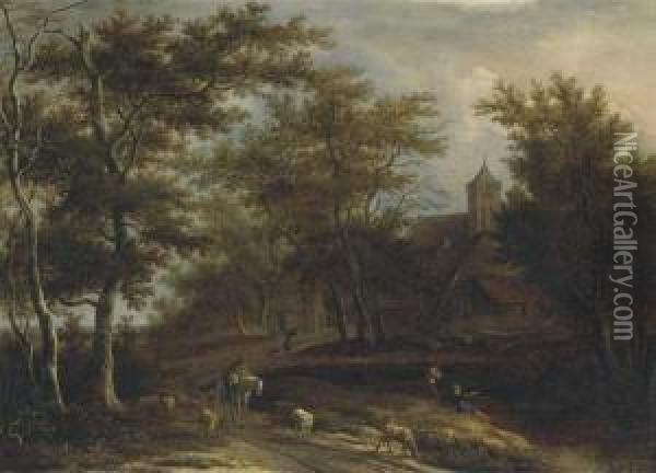 A Wooded River Landscape With A 
Peasant On Horseback, A Shepherdwith His Flock And Other Peasants 
Fishing Outside A Village Oil Painting - Pieter Jansz. van Asch