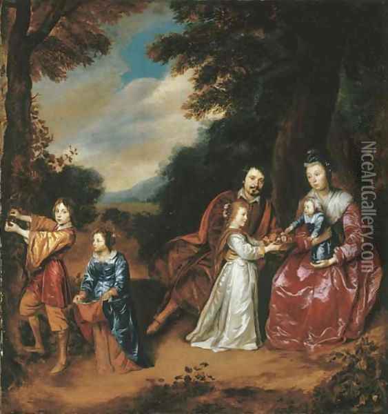 A group portrait of a family in a landscape Oil Painting - Jan Mijtens