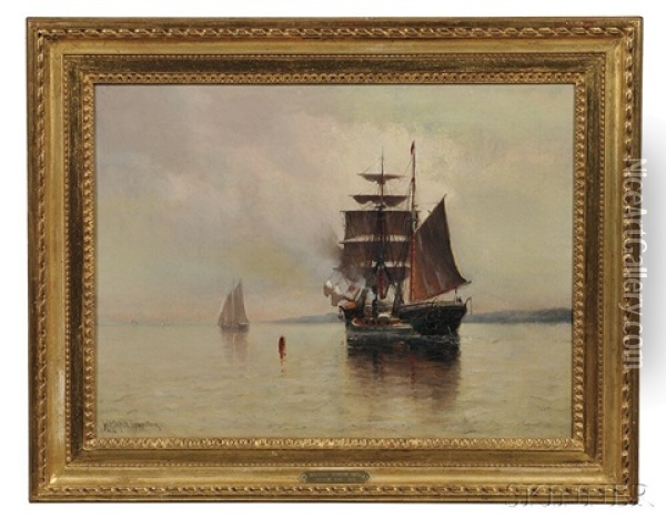 Ship At Anchor In Calm Coastal Waters Oil Painting - Marshall Johnson