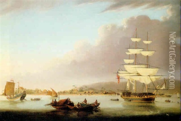 A Man-of-war At Anchor Off The Coast Of China Oil Painting - Sir George Chambers