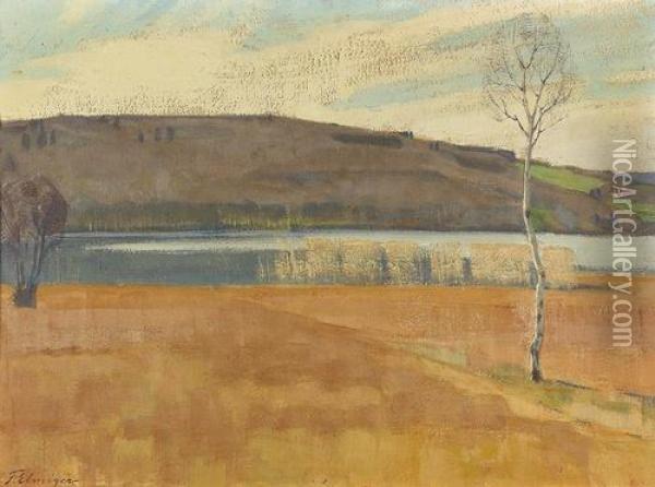 Herbstliche Landschaft Am Seeufer. Oil Painting - Franz Elmiger