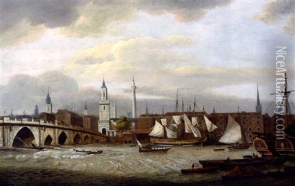 Merchant Shipping At The Wharfside Below Old London Bridge, With The Church Of St. Magnus The Martyr And Wren's Monument To The Great Fire Dominating The Northern Shore Oil Painting - Thomas Luny