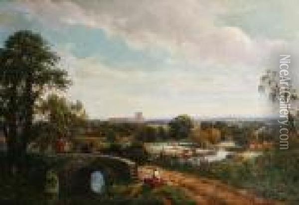 Travellers On A Bridge With An Extensivelandscape Beyond Oil Painting - Thomas Creswick