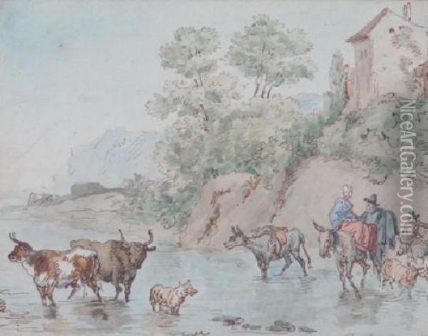 River Crossing With Cattle Oil Painting - Thomas Rowlandson