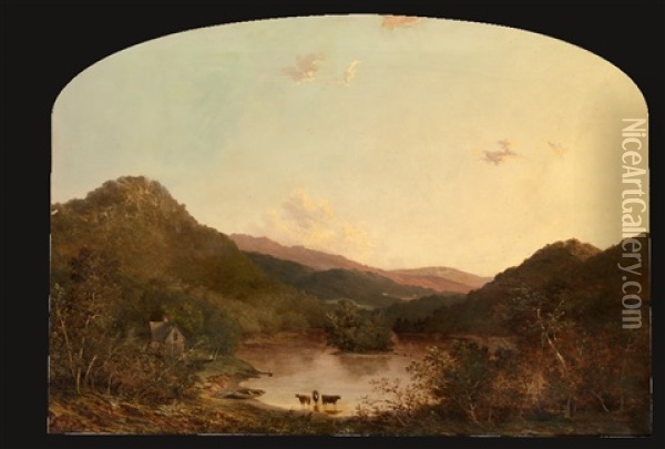 Three Cows At The Edge Of A Lake In An Extensive Hilly Landscape Oil Painting - Walter Mason Oddie