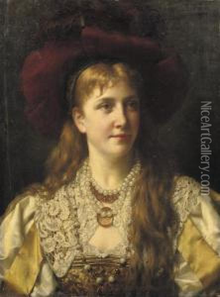 Elegant Lady Wearing A Pearl Necklace Oil Painting - Jan Frederik Pieter Portielje