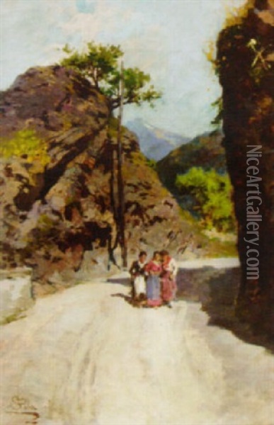Women On A Mountain Road Oil Painting - Paolo Sala
