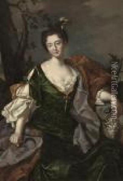 Portrait Of A Lady, 
Three-quarter-length, As Ceres, In Green Classical Dress And Brown Wrap,
 A Bunch Of Grapes In Her Left Hand, A Sickle In Her Right Oil Painting - Antoine Pesne