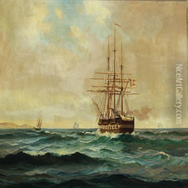 Seascape With The Frigate Jylland Oil Painting - Willy Bille