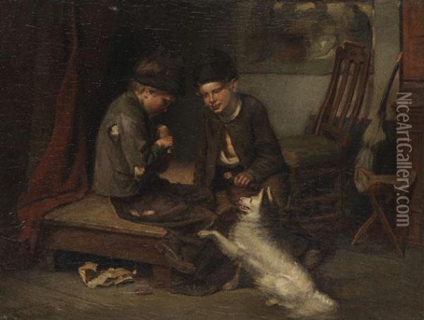 Zwei Jungen Mit Spitz Oil Painting - Christian Ludwig Bokelmann
