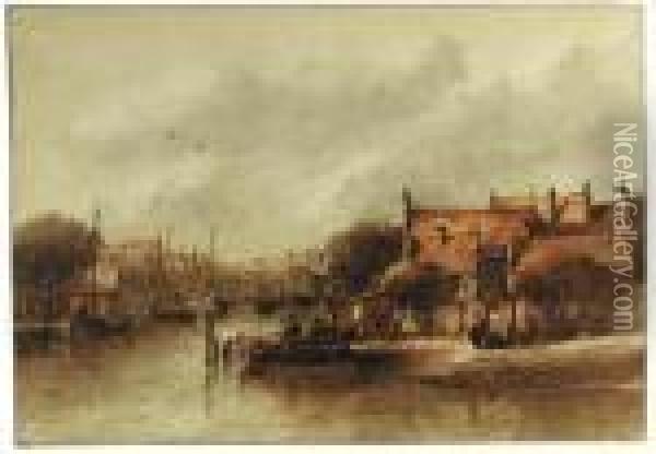 A View Of A Dutch Town On A River, Figures In A Boat In Theforeground, A Bridge Beyond Oil Painting - Antonie Waldorp