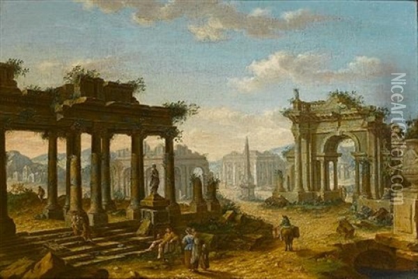 A Capriccio Of Ruins With Figures Resting Beneath A Classical Portico Oil Painting - Josef Platzer