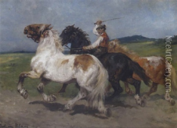 Reiter Mit Zwei Handpferden Oil Painting - Julius von Blaas