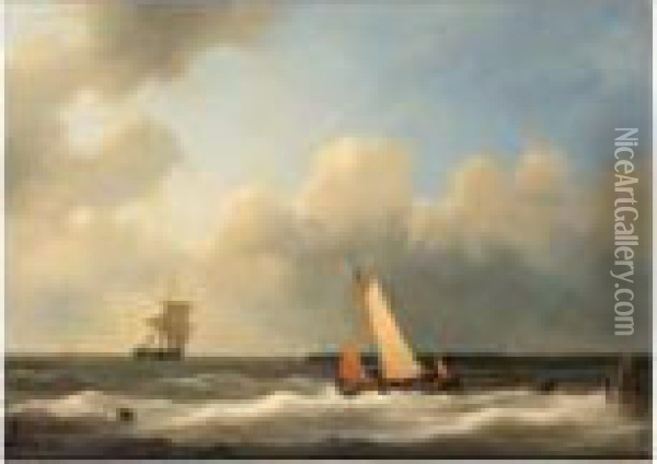 A Fishing Trawler Heading For Sea On A Breezy Day Oil Painting - Abraham Hulk Jun.