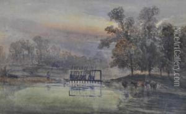Fishermen On A Weir At Sunset Oil Painting - William Muller Hewitt