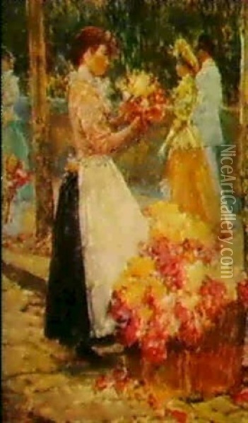 Woman Selling Flowers Oil Painting - Childe Hassam
