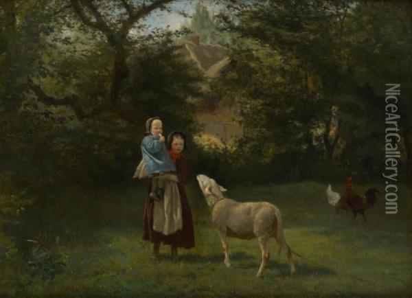 Les Enfants Et Le Mouton Oil Painting - Jules Montigny