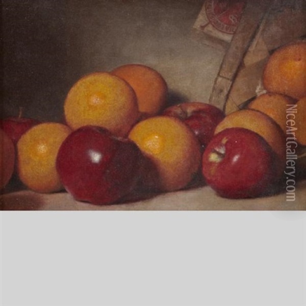 Still Life Of Oranges, Apples And A Basket Oil Painting - Lemuel Everett Wilmarth