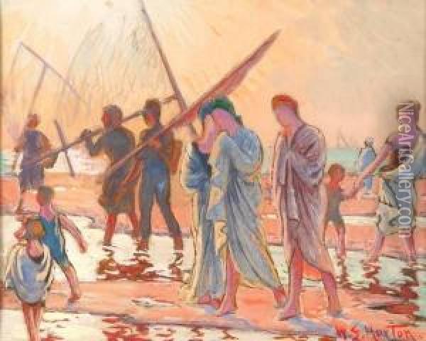 Draped Figures And Children On Beach Oil Painting - William Samuel Horton