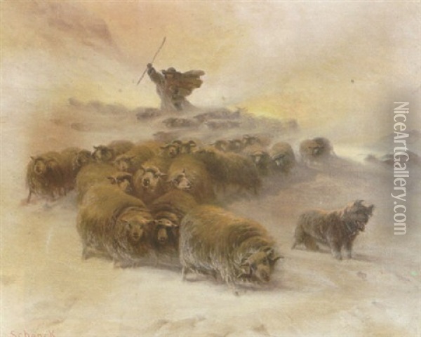 A Winter Landscape With A Shepherd And His Flock In A Blizzard Oil Painting - August Friedrich Albrecht Schenck