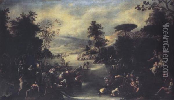 A Wooded River Landscape With Soldiers Resting Oil Painting - Cornelio Brusco