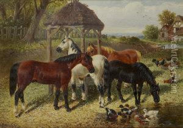 Horses Feeding And Drinking With Ducks And Chickens Oil Painting - John Frederick Herring Snr