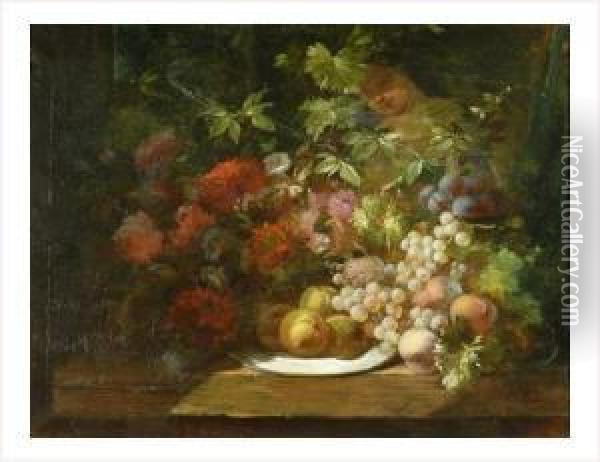 Fleurs Et Fruits Sur Un Entablement Oil Painting - Etienne Leon Trebutien