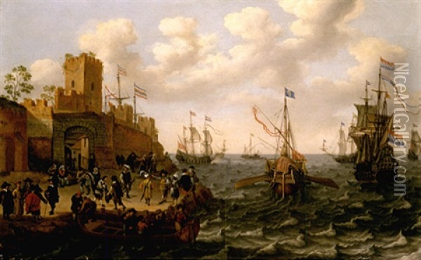 A Coastal Landscape With Dutch Men Of War And Barges Off The Coast, Orientals And Other Figures Before The Walls Of A Town In The Foreground Oil Painting - Isaac Willaerts