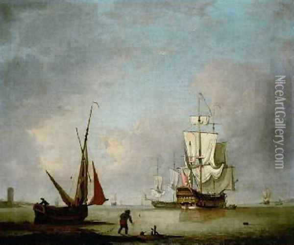 A Frigate in Calm Water Oil Painting - Thomas Mellish