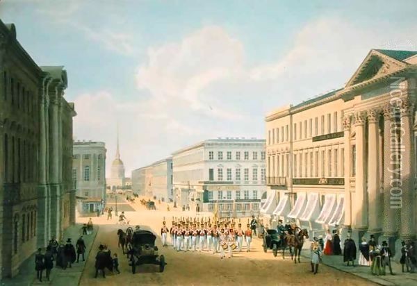 The Police Bridge and Nevsky avenue in St. Petersburg Oil Painting - Louis Jules Arnout