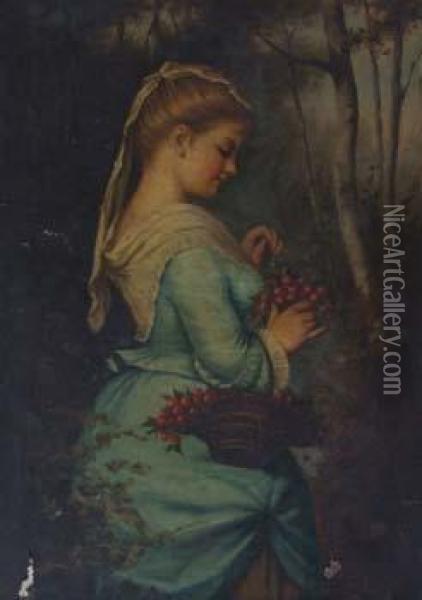 Portrait Of Girl With Cherries Oil Painting - C Ambrosi