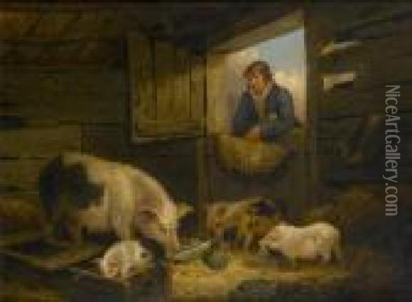 A Boy Looking Into A Pigsty Oil Painting - George Morland