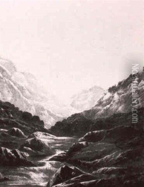 A Scottish Mountain River Landscape Oil Painting - Charles Leslie