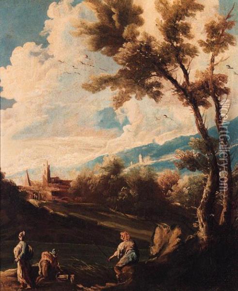 A Wooded River Landscape With An Angler And Washerwomen Oil Painting - Alessandro Magnasco