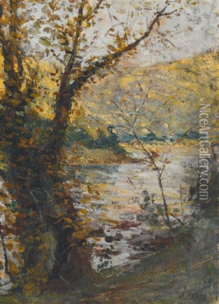 Herbstliche Uferpartie Mit Baumen Oil Painting - Alfonso Muzij
