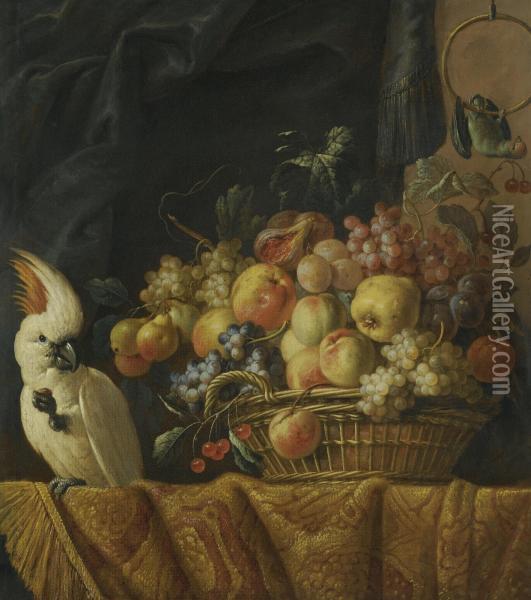 A Still Life Of Figs, Grapes, Apples And Other Fruit On A Table With A Parrot Oil Painting - Jan Pauwel Ii Gillemans