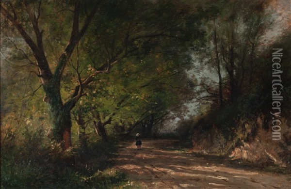 Sonnenbeschienener Waldweg Mit Spaziergangerin Oil Painting - Gustave Eugene Castan