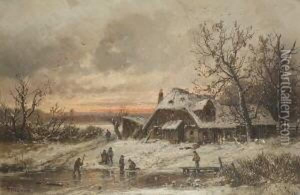 Abendliche Winterlandschaft Mit
 Spielenden Kindern Auf Dem Zugefrorenen See Vor Dem
 Bauernhaus. Oil Painting - Adolf Stademann
